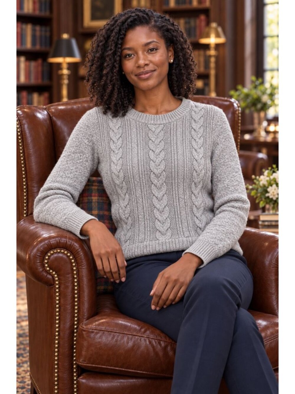 Tommy Hilfiger Women's M Gray Marled Cable Knit Crewneck Sweater Cotton Blend